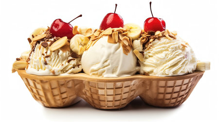 Banana Split Sundae Ice Cream in a Bowl with Strawberry Vanilla Ice Cream Scoops Selective Focus Background Imageの素材