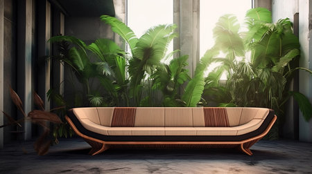 Modern Sofa With A Light Concrete Wall in Selective Focus Interior Background Imageの素材