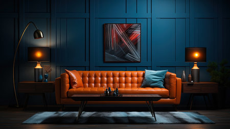 Brown Sofa in Front of Blue Wall with Lamps and Center Table Dark Theme Background Imageの素材