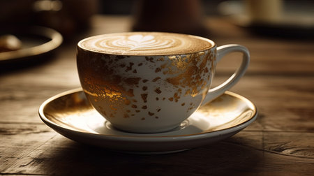 A Cup of Beautiful Cappuccino The Cup is White With Gold Patterns Printed on It With Heart Selective Focus Background Imageの素材