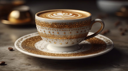 A Cup of Beautiful Cappuccino With Heat The Cup is White With Gold Patterns Printed on it Blurry Background Imageの素材
