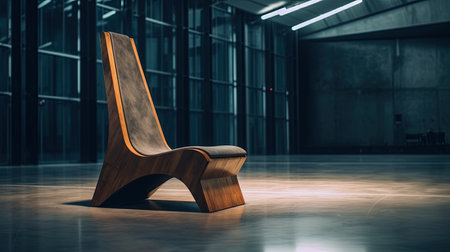 Modern Architectural Chair Designed With Walnut Wood Defocused Interior Blurry Background Imageの素材