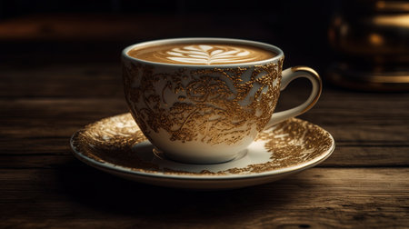 A Cup of Beautiful Cappuccino With Heat The Cup is White With Gold Patterns Printed on it Blurry Background Imageの素材