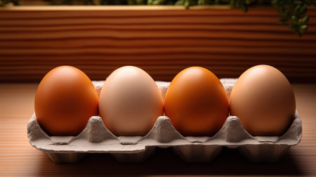 Eggs in a Cardboard Box Sitting on Top of a Dark Table Blurry Background Imageの素材