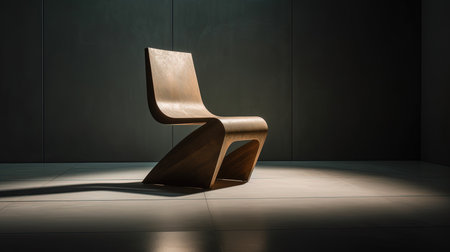 A Modern Futuristic High-End Expensive Uniquely Designed Architectural Chair With Walnut Wood in Defocused Background Imageの素材