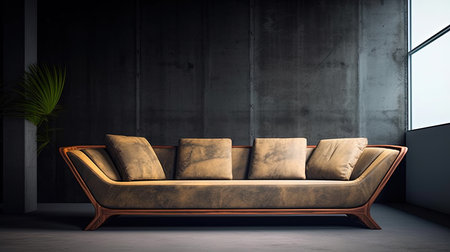 Modern Sofa With A Light Concrete Wall in Selective Focus Interior Background Imageの素材