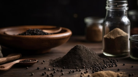 Black Pepper Powder in Glass Jar and Bowl on Kitchen Table Blurred Background Imageの素材