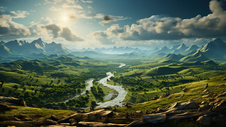 Floating Water River In front of Big Snow Mountains Landscape Background Imageの素材