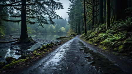 Landscape of A Path Pass Through Middle in The Foggy Forest Background Imageの素材