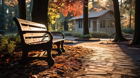 A Park Bench Casting a Shadow on a Path Landscape Background Imageの素材