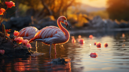 Flamingos Enjoying The Lake on Selective Focus Background Imageの素材
