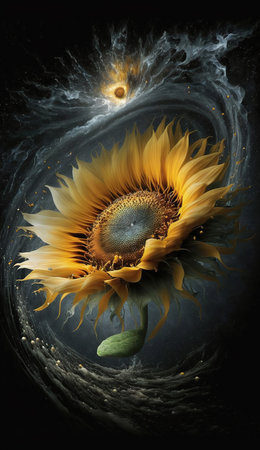 Galaxy In A Sunflower Painting of a Sunflower That Contains An Entire Detailed Galaxy Within It Liquid Paint Art Background Imageの素材