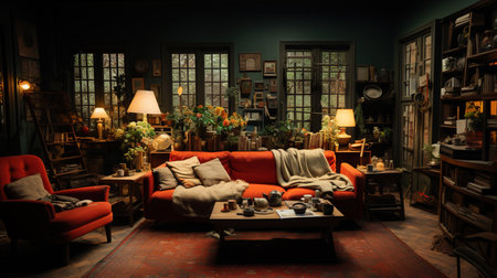 A View of a Living Room with Dark Beige and Navy Interior Design Background Imageの素材