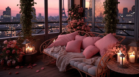 Cozy Balcony With Pink Color Sofa and Cushions Interior Decor Pink Themed Background Selective Focus Imageの素材