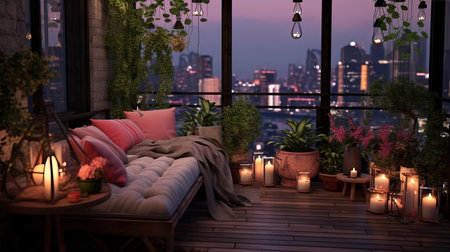 Cozy Balcony With Pink Color Sofa and Cushions Interior Decor Pink Themed Background Selective Focus Imageの素材