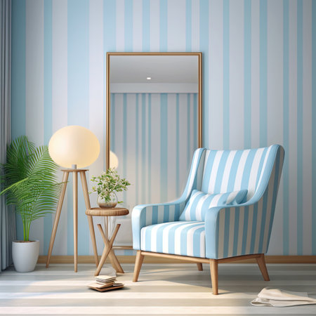 Modern Living Room Decor Interior With Blue Stripes Chair and Mirror Background Imageの素材