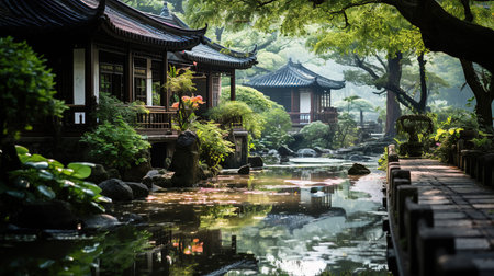 Suzhou Garden Jiangnan After The Rain Hazy Sense Background Imageの素材