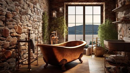 Rustic Bathroom Interior with a Large Freestanding Copper Bathtub Stone Walls Wrought Iron Furniture Background Imageの素材