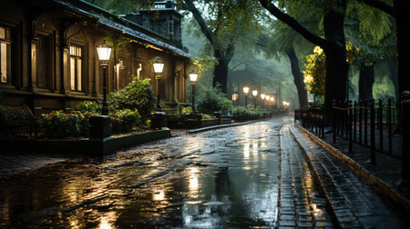 Empty Wet Stone Road At Night Time With Street Lights Blurry Background Imageの素材