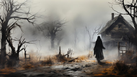 Eerie Cabin In Winter Christmas Haunting Ghost Halloween Oil Painting Background Imageの素材