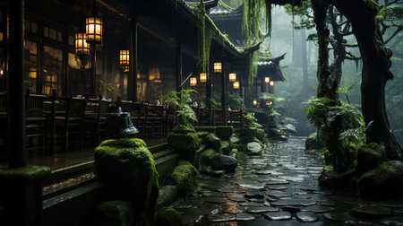 Bamboo Forest Tea Room Misty Rain Slate Path Beautiful Artistic of Bamboo Forests on Both Sides Background Imageの素材