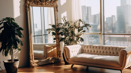 Modern Living Room decor Interior With Chair and Mirror Background Imageの素材