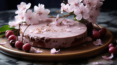 Chocolate Ganache Tart Marble Pink Flowers Joyful Mood Blurry Background Imageの素材