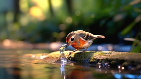 A Colorful Bird Trying to Drink Water From The River In The Nature Blurry Background Imageの素材