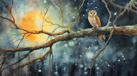 An Owl Watching From A High Branch in An Oak Three Forest Oil Painting Background Imageの素材