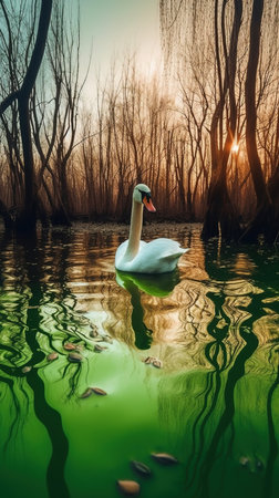 A Swan Swimming in a Shamrock Green Pond Blurry Background Imageの素材