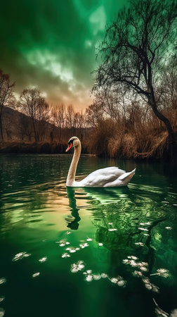 A Swan Swimming in a Shamrock Green Pond Blurry Background Imageの素材