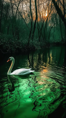 A Swan Swimming in a Shamrock Green Pond Blurry Background Imageの素材