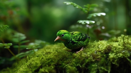 A Very Cute Little Shamrock Bird In A Mossy Forest Blurry Background Imageの素材