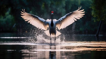 A Red-Crowned Crane Gracefully Soars Low Over The Surface of a Body of Water Suddenly Its Powerful Wings Beat Against The Water Blurry Background Imageの素材