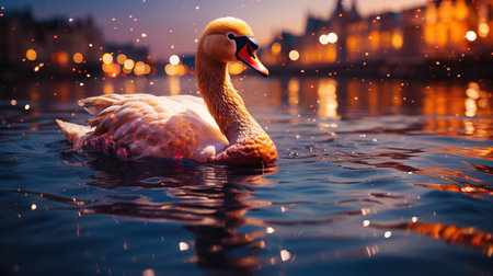 A Gorgeous Golden Swan Risograph  Blurry White Background Imageの素材