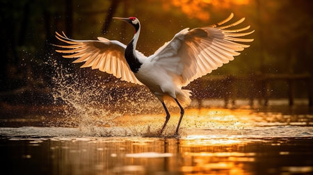 A Red-Crowned Crane Gracefully Soars Low Over The Surface of a Body of Water Suddenly Its Powerful Wings Beat Against The Water Blurry Background Imageの素材
