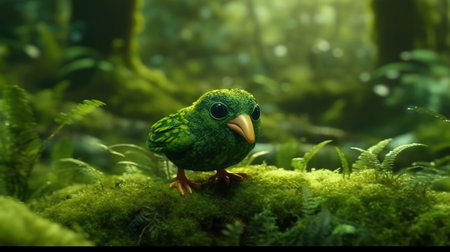 A Very Cute Little Shamrock Bird In A Mossy Forest Blurry Background Imageの素材
