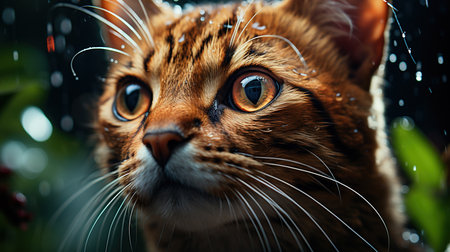 A Super Cute Red Rusty Spotted Cat In Jungle Blurry Background Imageの素材