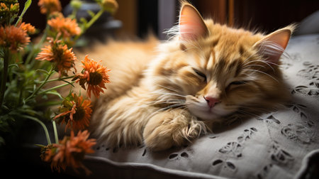 Cute Cat Sleeping On A Pillow Blurry Background Imageの素材