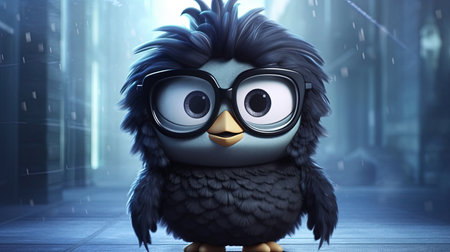 A Female Owl With Black Hair And A Fringe Big Glasses 3d Character Blurry Background Imageの素材