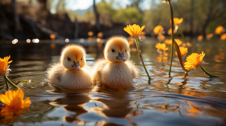 Adorable Fluffy Yellow Goslings Swimming on a Beautiful Pond Blurry Background Imageの素材