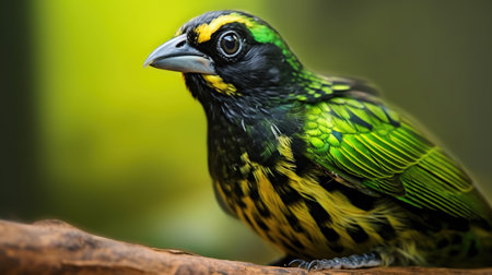Green And Black Bird in Lush Green Blurry Background Imageの素材