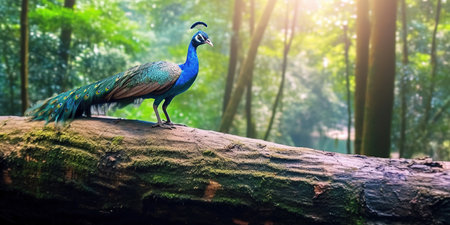Blue PavÃ£o Bird on Top of A Tree Trunk With A Beautiful forest in The Background Selective Focus Imageの素材