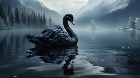 Elegant Black Swan Swim in Lake Water Blurry Background Imageの素材
