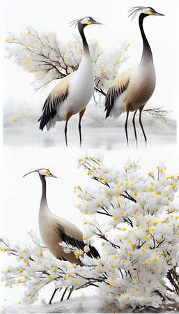 A Pair of beautiful transparent White Red Crowned Cranes on Oil Painting On White Background Selective Focus Imageの素材