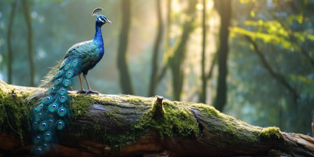 Blue PavÃ£o Bird on Top of A Tree Trunk With A Beautiful forest in The Background Selective Focus Imageの素材