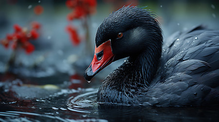 Elegant Black Swan Swim in Lake Water Blurry Background Imageの素材