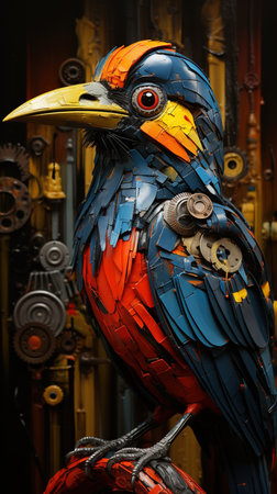 Elegant Funny Aviary Bird Sitting on Tree Branch Blurry Background Imageの素材