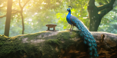 Blue PavÃ£o Bird on Top of A Tree Trunk With A Beautiful forest in The Background Selective Focus Imageの素材