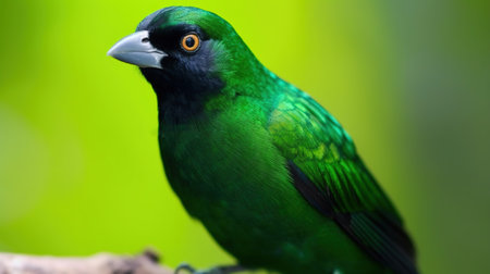 Green And Black Bird in Lush Green Blurry Background Imageの素材